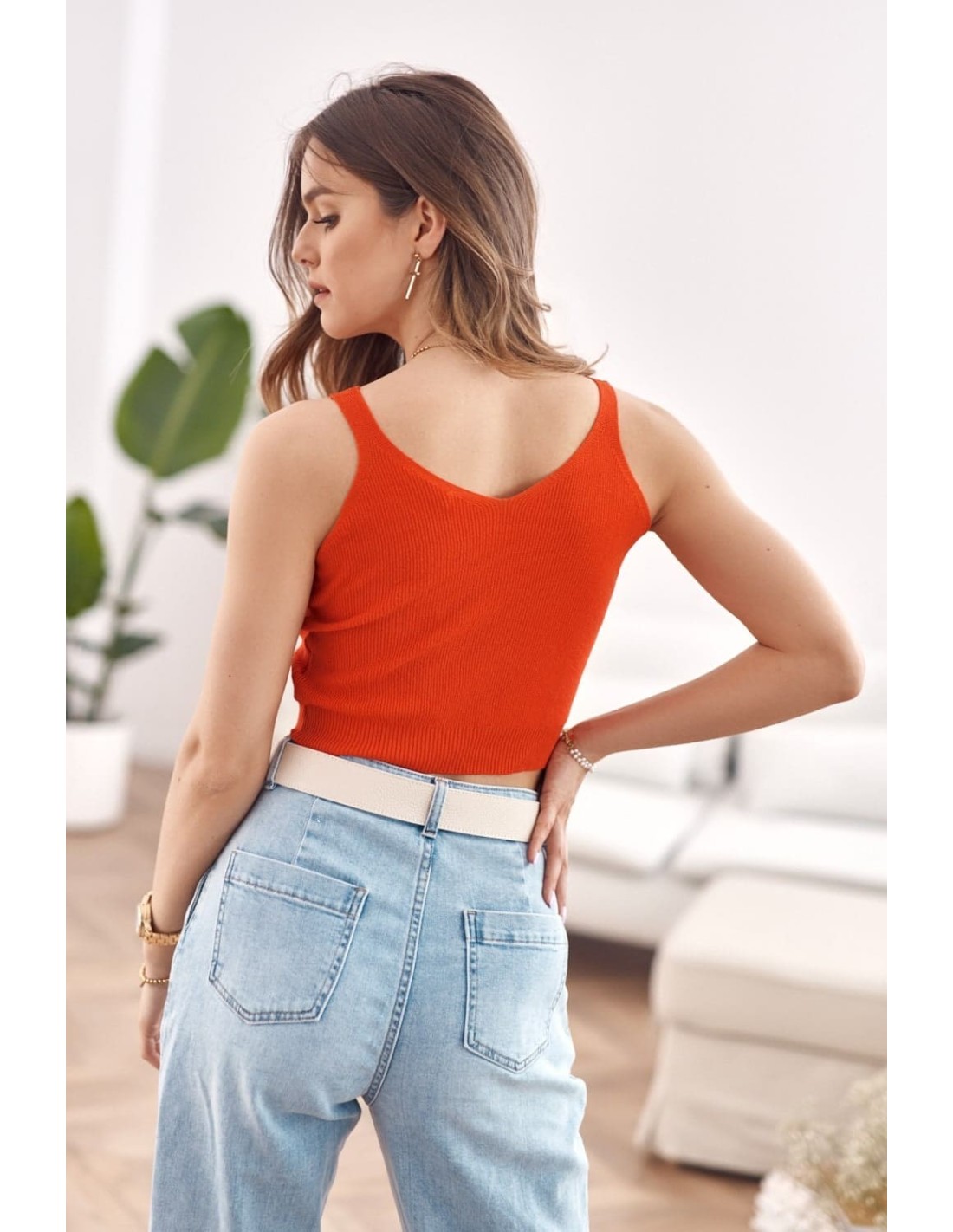 Short knitted blouse with straps, brick red MP32858 - Online store - Boutique